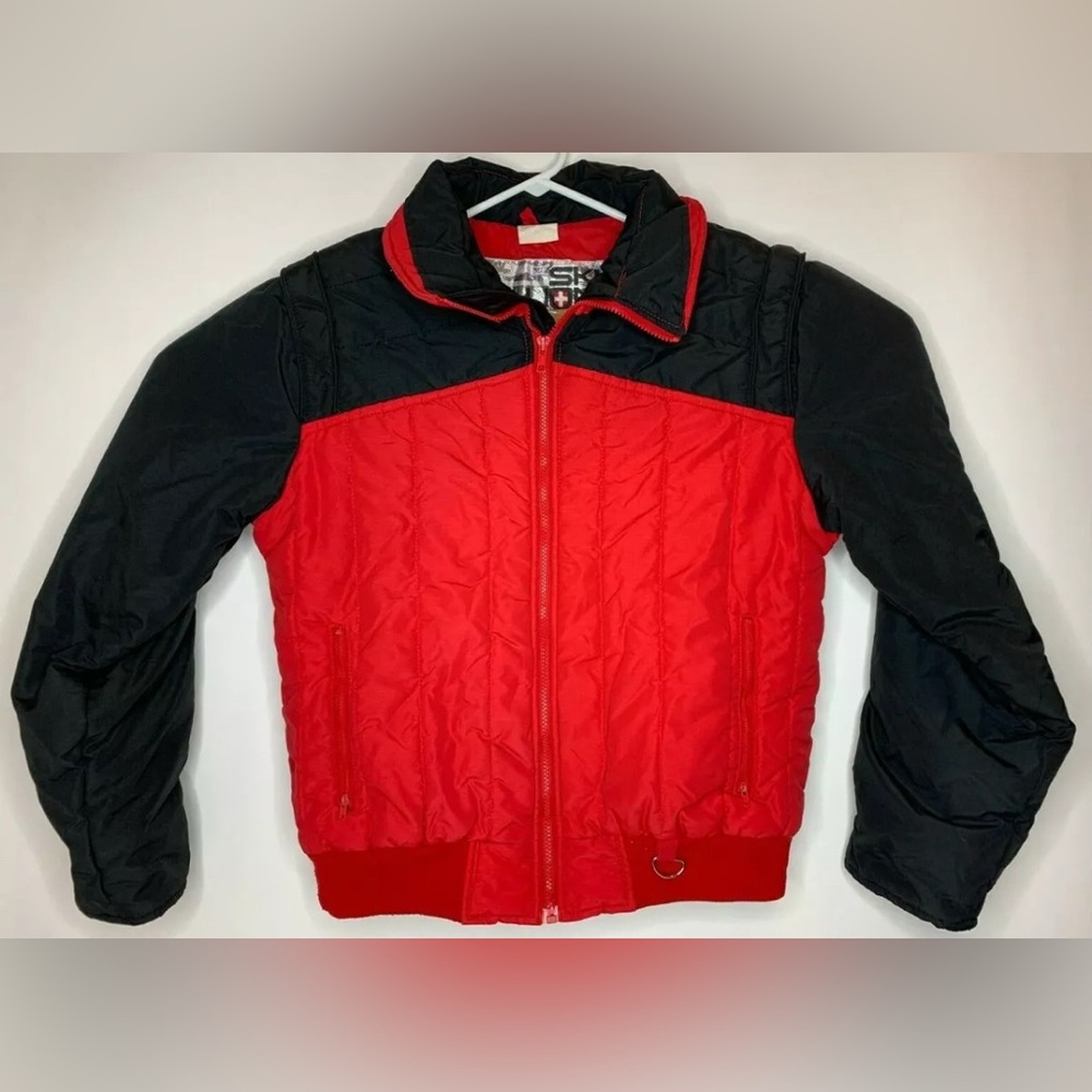 Vintage 1985 Ski Lion Mens Size Medium Red Black Nylon Full Zip Down Ski Jacket